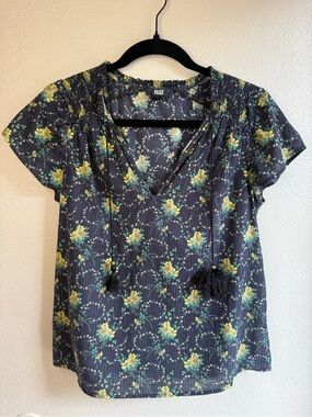 PAIGE Navy Floral V-Neck Tassel Tie Blouse